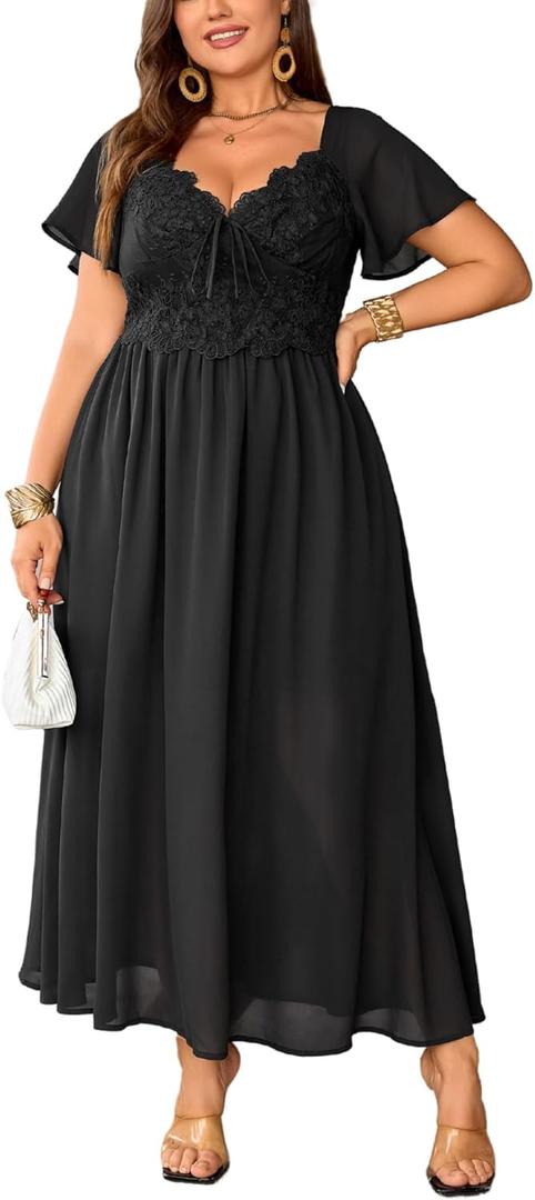 Women's Plus Size Lace Maxi Dress Short Sleeve V Neck Flowy Empire Waist Smocked Back Wedding Guest Dress (XX-Large, Black)