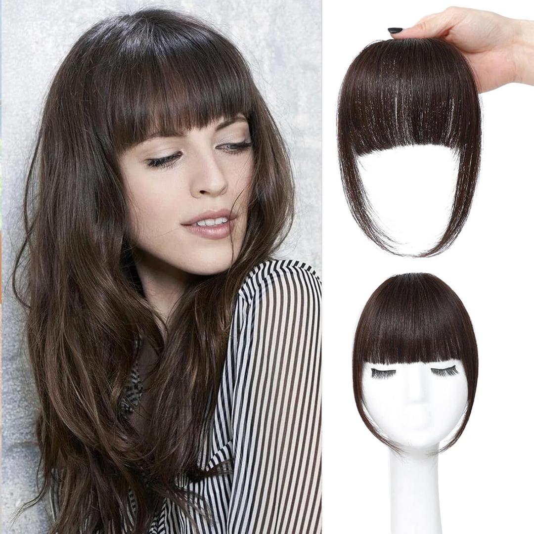 Clip in Bangs Real Human Hair Dark Brown 100% Human Hair French Bangs Fake Bangs Hair Clip on bangs for women Fringe with Temples Hairpieces Curved Bangs for Daily Wear