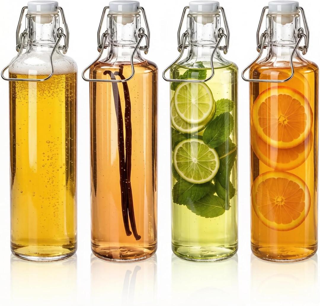 33oz Swing Top Glass Bottle 4 Pack, 1L Clear Beer Bottle with Air Tight Lids, Easy Cap Bottle with Handle for Kombucha, Home Brewing, Juice, Carbonated Drink, Vinegar, Oil, Mead, Milk, Soda