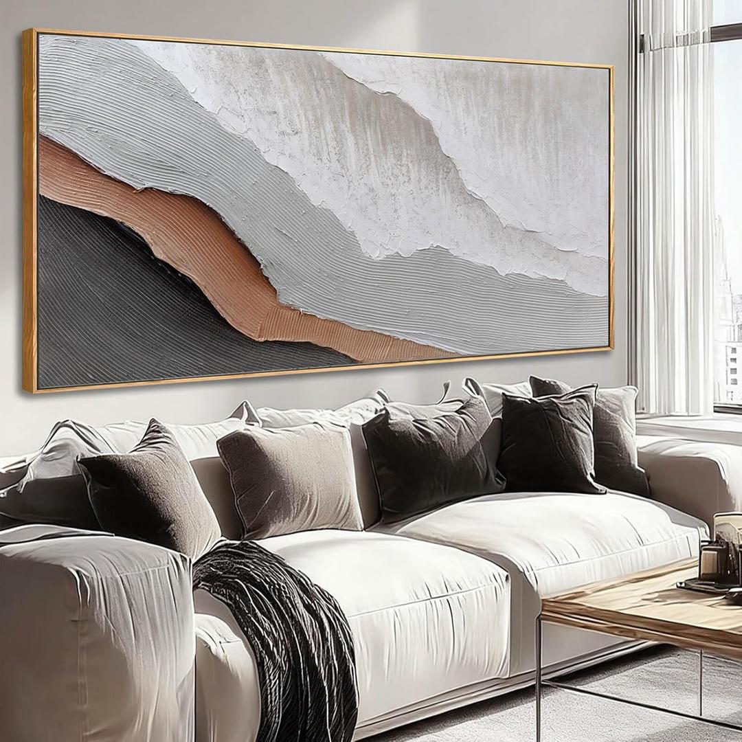 Textured White Wall Art,Grey Abstract Artwork,Large Framed Modern Pictures,Wave Landscape Oil Painting 24"x48"for Home Office Gallery (SOUGUAN-BHZ60120)