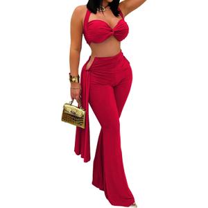 Women's Two Piece Outfits Halter Bandage Crop Top and High Waist Flare Pants Set Club Party Going Out Outfits, Size: Large
