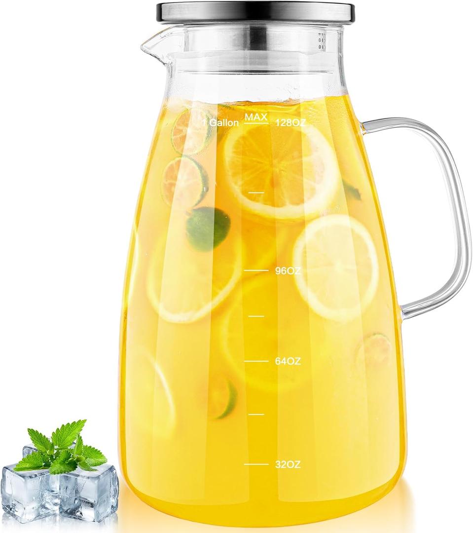 Aofmee 1 Gallon Glass Pitcher with Lid and Handle, 128oz Glass Water Pitcher, Dishwasher-safe Refrigerator-friendly Borosilicate Carafe, Large Jug for Iced Tea, Coffee, Juice, Milk, Homemade Beverage