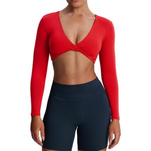 Aoxjox Long Sleeve Crop Tops for Women Sienna Twist Deep V Workout Cropped T Shirt Top (Racing Red), XS
