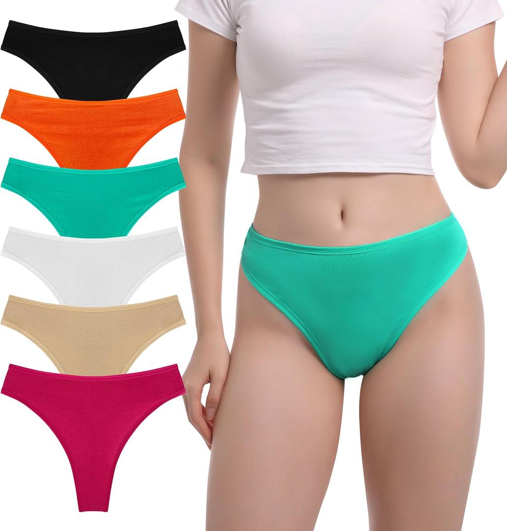 Women's High Waisted Thong Panties - 95% Cotton 5% Spandex, T-Back Seamless Underwear, Soft & Comfortable Pack 6 (XL)