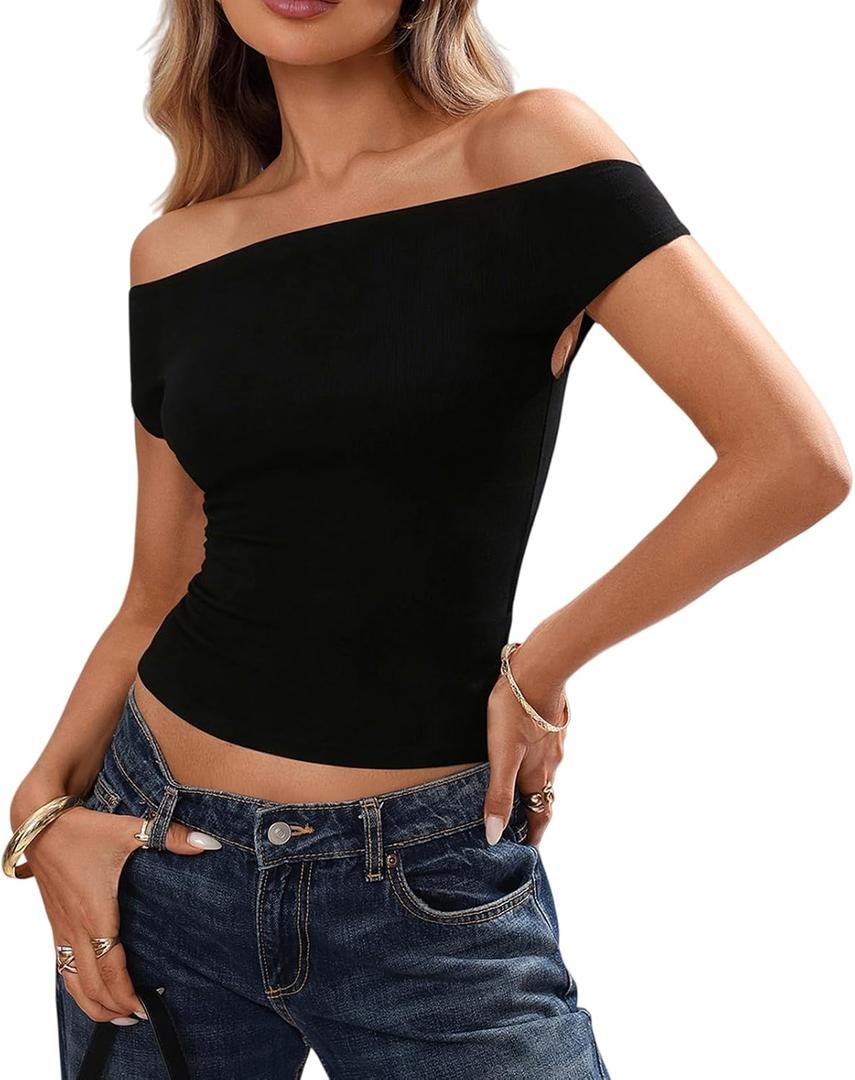 Women Off Shoulder Tops Sleeveless Polka Dot Floral Print Shirts Y2K Going Out Casual Crop Tops Streetwear (Black, M)