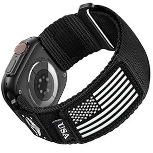SNBLK Rugged Nylon Stretchy Bands Compatible with Black Apple Watch Band Men, Soft Woven Stars- Stripes Flag Strap for iWatch Bands 49mm 46mm 45mm 44mm 42mm Series 10 9 8 7 6 5 4 3 2 1 Ultra Se