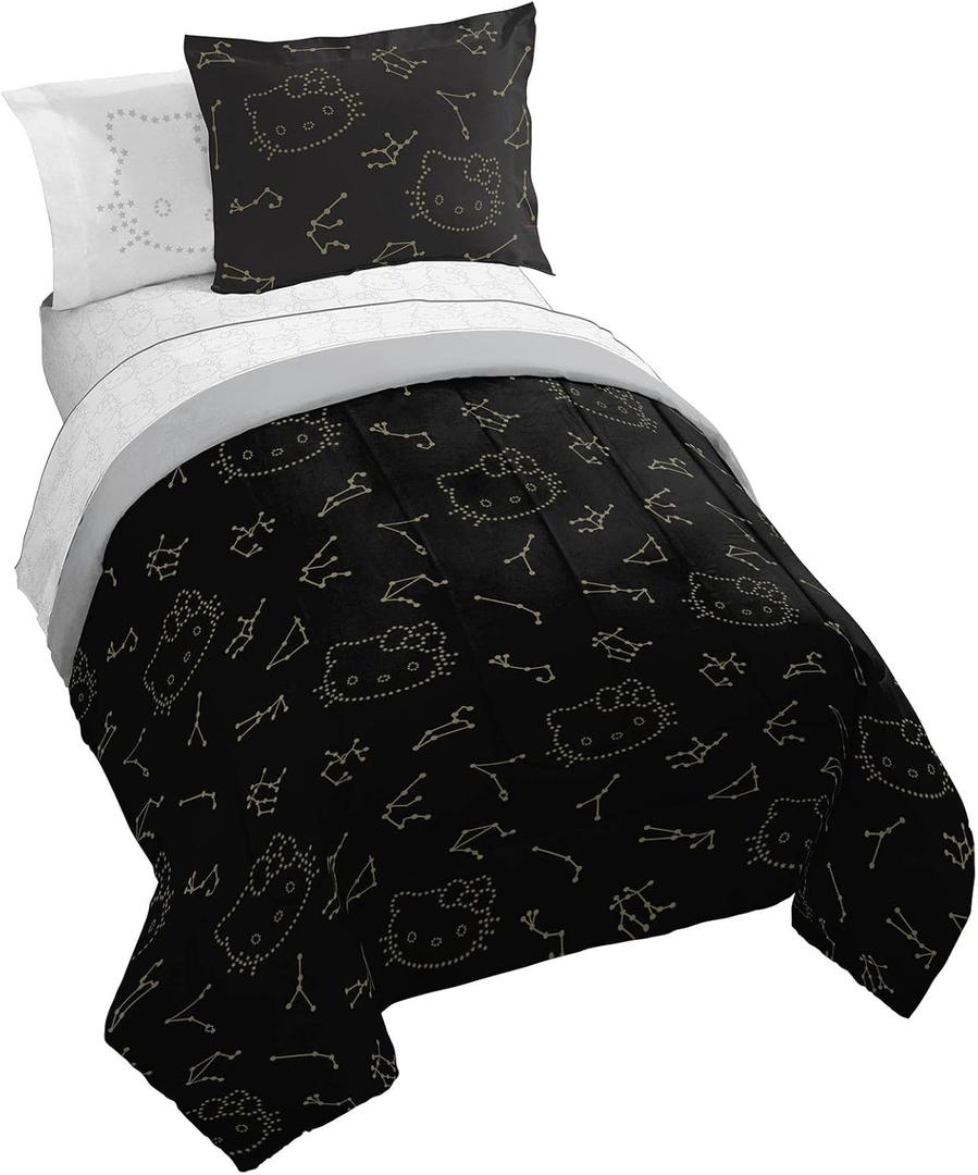 Jay Franco Hello Kitty Stars Full Comforter Set - 7 Piece Bedding Includes Sheet Set & Pillow Covers - Super Soft Zodiac Black & Gold Bedding