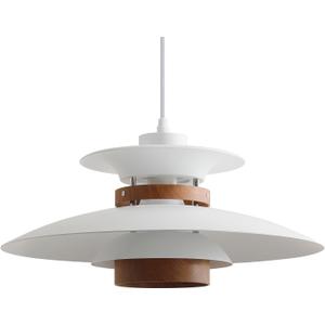 Modern Decor Adjustable Pendant Lamp Kitchen Island, Aluminum and Wood Finish,1-Light E26 Base Ceiling Hanging Light for Dining Room Shop Restaurant (White+Dark Wood Grain, 35cm)