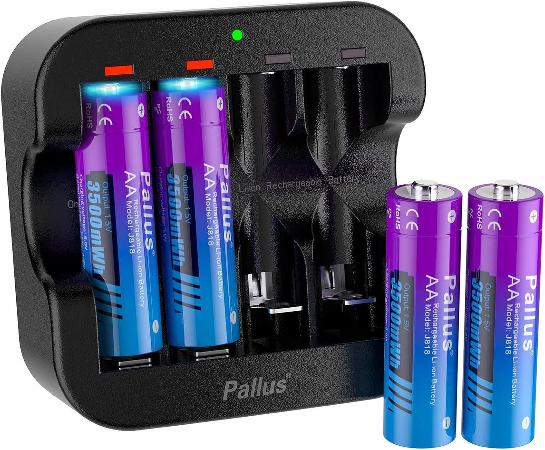 2 x Pallus 1.5v Lithium AA Rechargeable Batteries, 4-Pack 3500mWh Rechargeable AA Batteries and Fast Charging for Household Office, Outdoor Blink Camera, Toys, High Capacity, Long-Lasting, 1600 Cycles