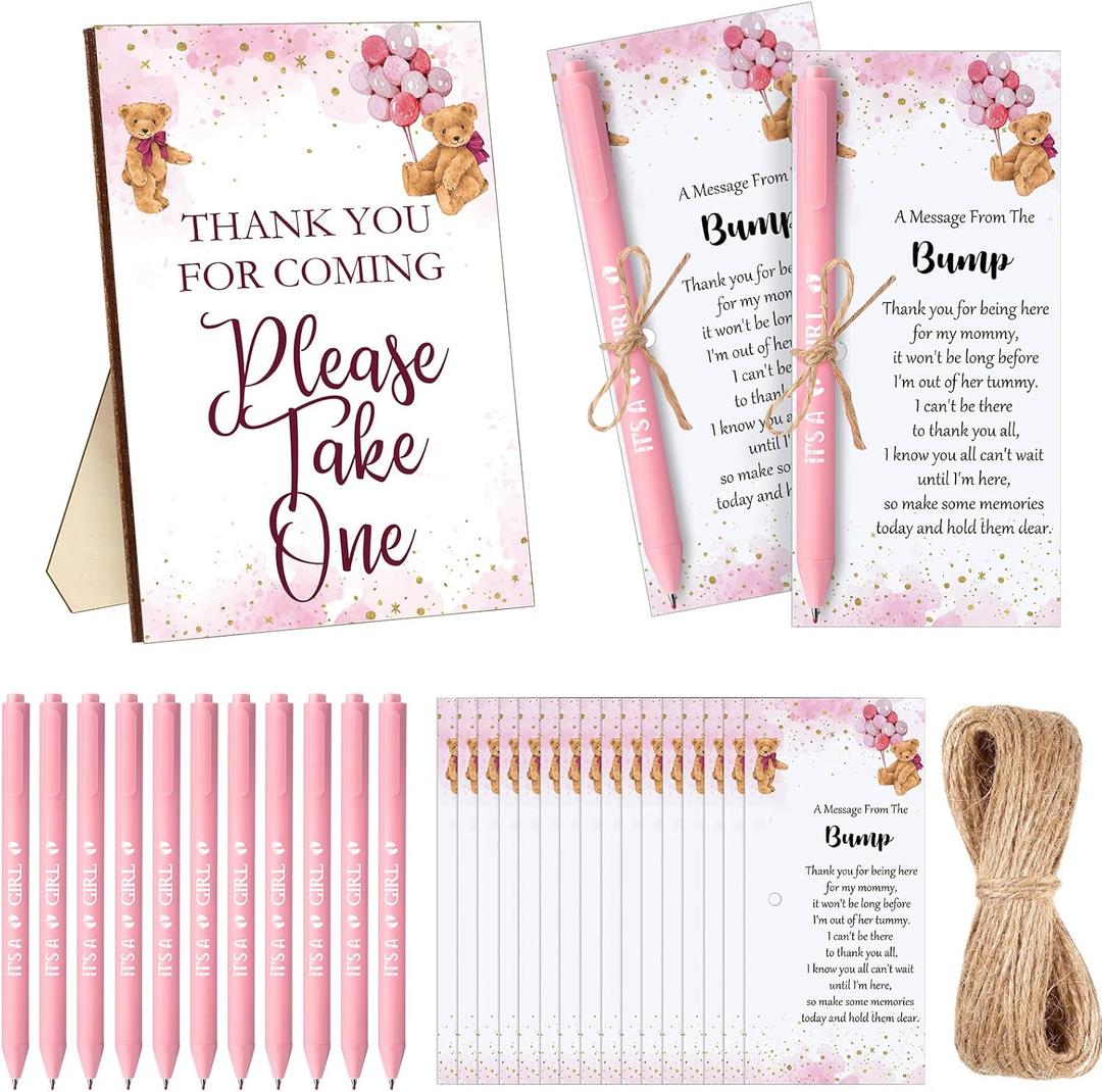 Sintuff 50 Set Baby Shower Favors for Guest 1 Thank You for Coming Sign 50 Ballpoint Pens 50 Thank You Cards with Twine Fall Baby Shower Return Gifts for Gender Reveal(Pink,Bear)