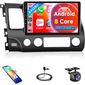 8 Core 6G+128G CAR Radio for Honda Civic 2006-2011, Rimoody Car Stereo with Wireless Carplay and Android Auto Mirror Link Android 13 GPS WiFi DSP10.1 Inch Touchscreen BT FM/RDS EQ SWC Backup Camera
