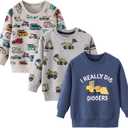 BeiVSlley Toddler Boys 3 Pack Cotton Pullover Crewneck Sweatshirt Long Sleeve Cartoon Shirt Sweaters Tops (5-6 Years, Truck)