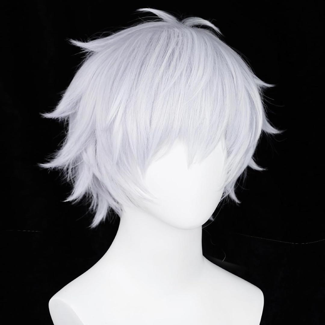 Wiggy Mermaid Gojo Cosplay Wig Mens Short Silver Violet Wig Fluffy Spiky Hair Wigs for Anime Cosplay Halloween Costume