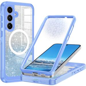 Hekodonk for Galaxy S25 FE Case Glitter,Compatible with MagSafe[Built-in Tempered Glass Screen Protector & Camera Lens Protection] Full Body Shockproof Protective Bling Phone Case,Blue