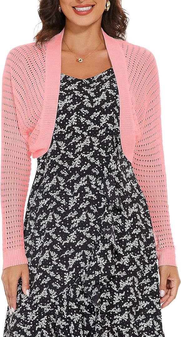 Women's Open Front Bolero Shrug Lightweight Knit Hollow Out Cropped Cardigan (Pink, S)