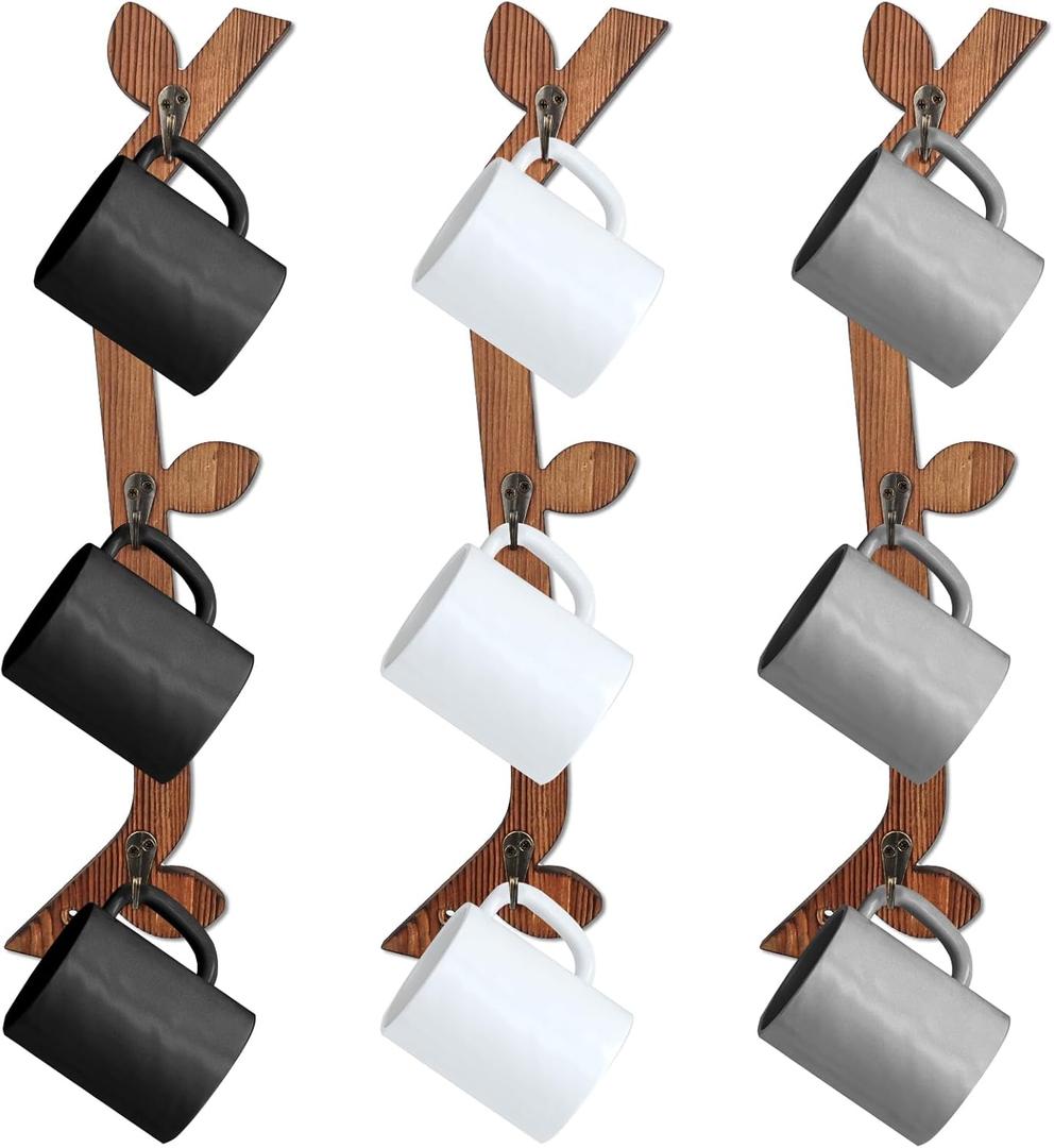 3 Pack Wood Coffee Mug Wall Rack with 9 Hooks Wall Mount Coffee Cup Holder Wooden Espresso Cup Holder Tree Brown Mug Stand Display Wall Mounted Cup Drying Rack for Kitchen Cafe