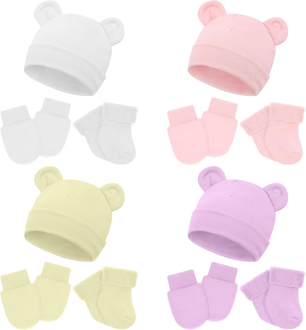 Cuffbow 4 Pcs Preemie Hats Newborn Baby Mittens and Socks Set Cotton Warm Socks for Baby Girls and Boys Infant