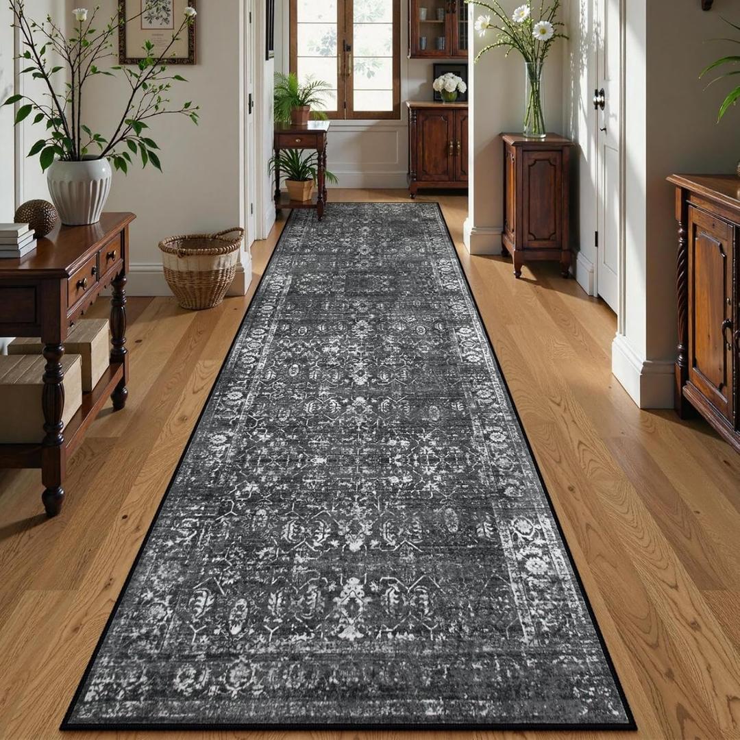 Lahome Black Washable Runners for Hallways,Boho 2'6"x10' Kitchen Runner Rugs Non Skid Washable Indoor Bathroom Runner Rug,Distressed Carpet Runners for Bedroom Entryway Foyer(2'6"x10', Black/Grey)