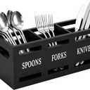 Kitchen Utensils Holder for Counter, Wooden Utensil Organizer for Storage Cooking and Silverware, Black Cooking Utensil Storage Box for Countertop,Wood Organizer with 3 Compartments,Rustic Minimalist.