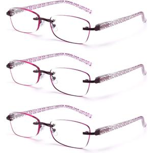 3-Pack Rimless Reading Glasses For Women, Lightweight Spring Hinge Readers, Classic Elegant Artistic Eyeglasses UV 400
