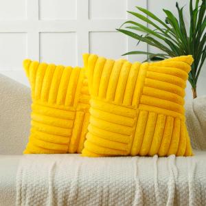 All Smiles Throw Pillow Covers 20x20 Set of 2 Faux Fur Soft Fluffy Velvet Cushion Case Autumn Thanksgiving Decoration Farmhouse Home Decor for Couch Bed Sofa Living Room,Mustard Yellow
