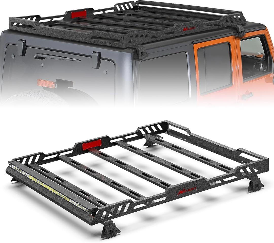 Nilight Roof Rack Cargo Basket with LED Light Bar Compatible with 2007-2026 Wrangler JK JL Unlimited & Gladiator JT 4 Door Hardtop, JKU JLU Luggage Rooftop Storage Carrier