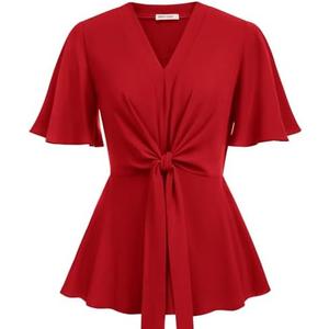 GRACE KARIN 2024 Women's Elegant V Neck Peplum Tops Tie Front Short Bell Sleeve Shirts Tops Blouse, M