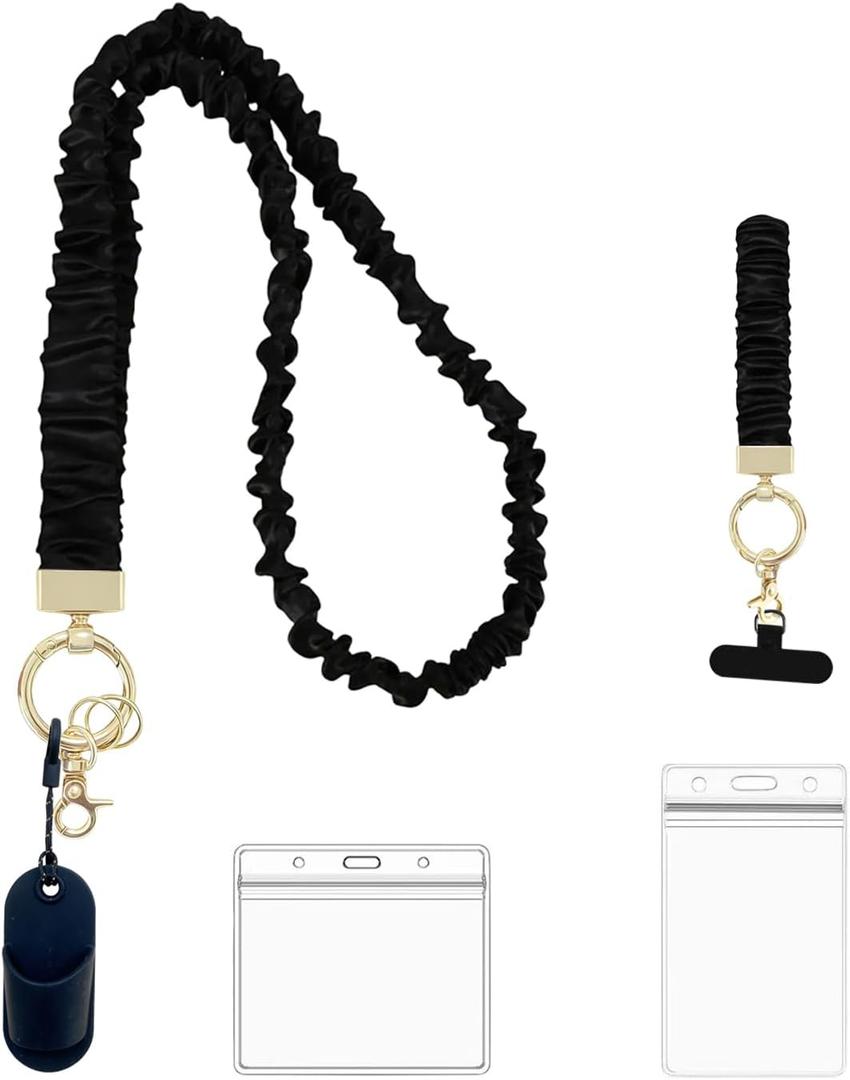 Stretchy Scrunchie Lanyard for ID Badges & Keys  with Silicone Pen Holder | Cute & Secure Scrunchie Lanyards for Teachers, Nurses, Women (Black)
