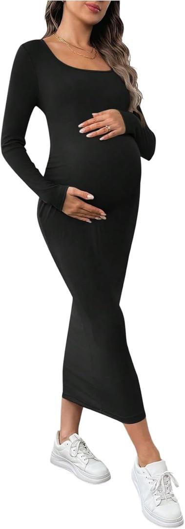 OYOANGLE Women's Maternity Ribbed Dress Long Sleeve Scoop Neck Stretchy Bodycon Baby Shower Dresses (Medium, Black)