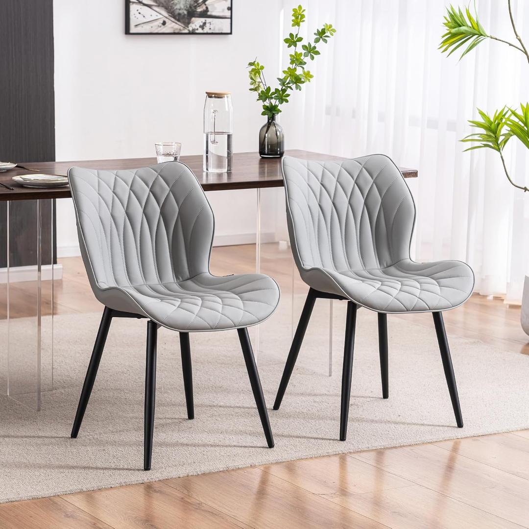 YOUNIKE Dining Chairs Set of 2, Upholstered Faux Leather Kitchen & Dining Room Chairs, Mid Century Modern Living Room Bedroom Side Chairs with Wide Wing Back and Adjustable Metal Legs, Grey