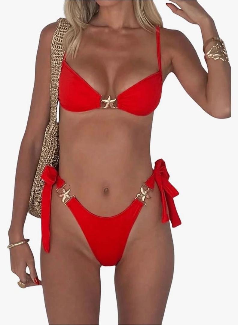 GORGLITTER Women's 2 Piece Thong Bikini Sets Ring Linked High Cut Swimsuits Tie Side Bathing Suit XS