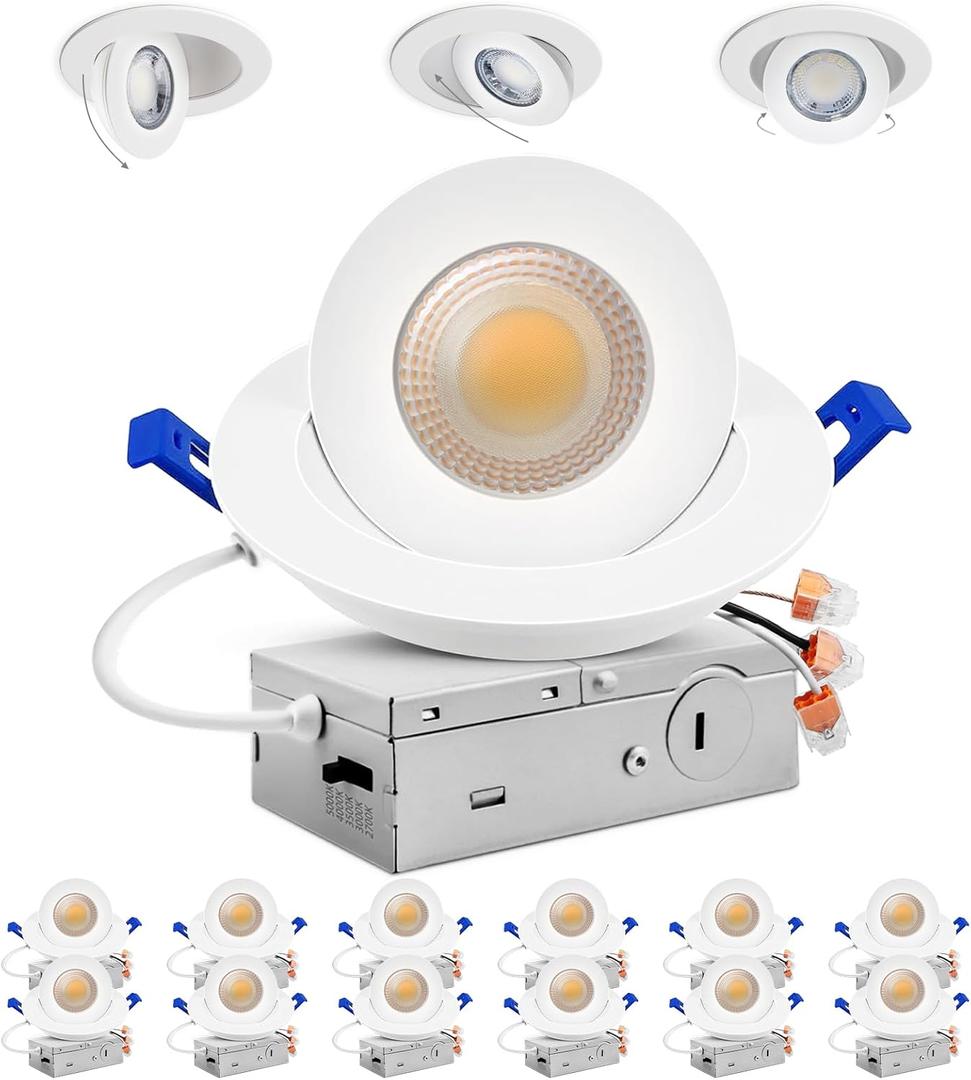 Adetu 4 Inch Gimbal LED Recessed Lights, 360+90 Adjustable Directional Recessed Lighting, 2700K/3000K/3500K/4000K/5000K Dimmable Retrofit Eyeball Can Lights with Jbox, ETL, White, 12 Pack