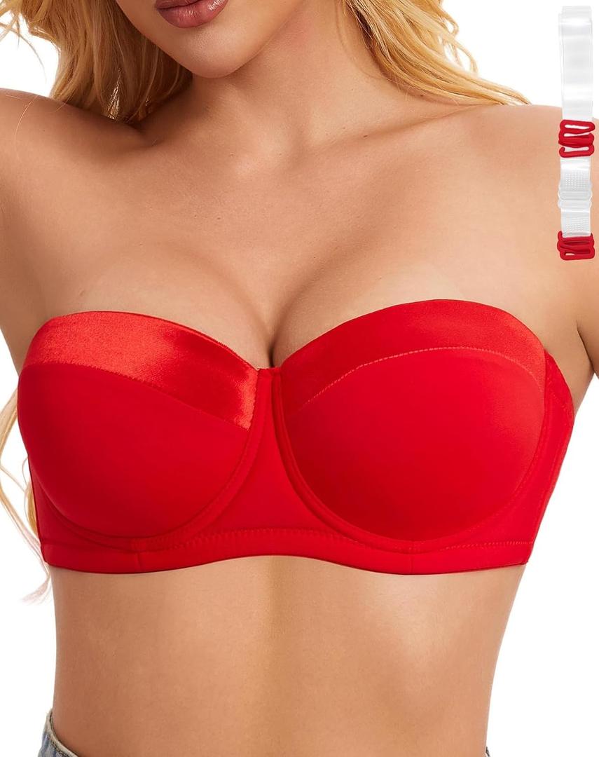 Women's Push up Strapless Bra for Large Breasts with Clear Straps, Never Move On Party Cup (Red), 38D