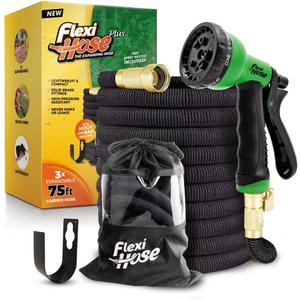 Flexi Hose PLUS with 8 Function Nozzle Expandable Garden Hose, Lightweight & No-Kink Flexible Garden Hose, 3/4 inch Solid Brass Fittings and Double Latex Core, 75 ft Black