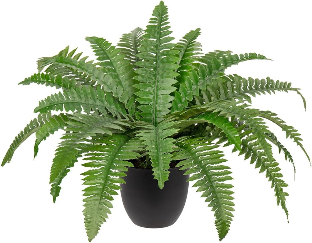 Hollyone 17.7" Fake Fern Potted Plant Small Artificial Boston Ferns in Pot 25 Leaves for Outdoors & Indoor Faux Fern Bush Plant for Patio Garden Farmhouse Windowsill Office Living Room Home Decor (Medium)