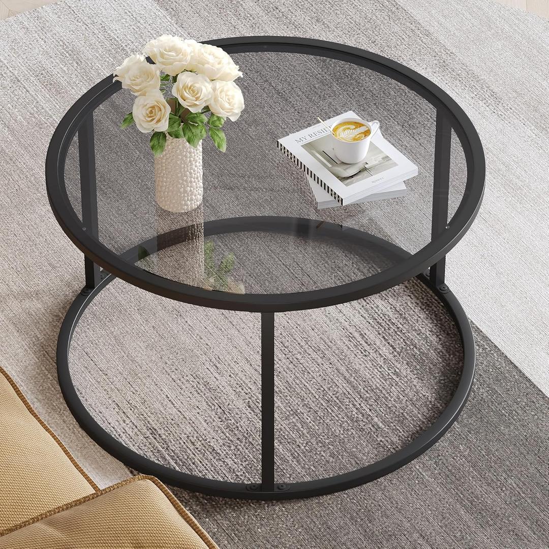 SAYGOER Round Coffee Table Glass Coffee Tables for Small Space Simple Modern Center Table for Living Room Home Office, Sofa Side Table with Metal Steel Frame, Easy Assembly, Gray Black (27.6 x 27.6 x 17.7 inches, Grey)