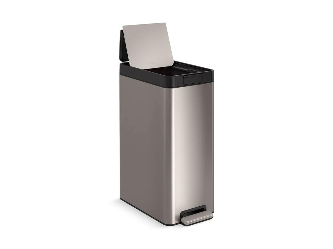KOHLER 13-Gallon Slim Step Trash Can, Stainless Steel, Space-Saving Design with Bifold Lid, Durable and Easy to Clean, K-23826-ST