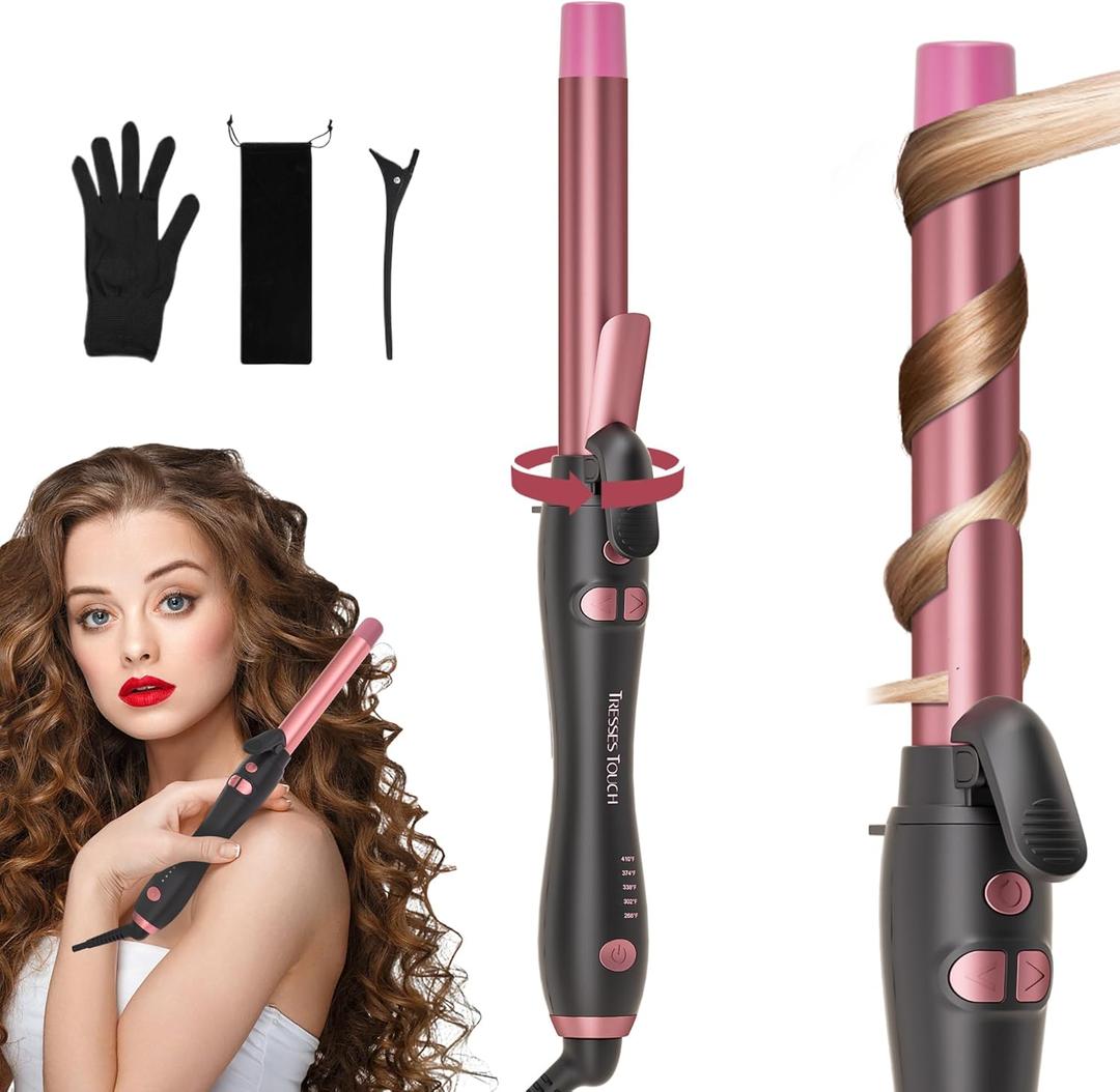 Rotating Curling Iron 1 Inch, Automatic Extra-Long Barrel Curling Iron with 30s Fast Heating for Beginners Long Hair Lasting Waves, Adjustable Temperature, Universal Voltage for Travel, Rose Gold