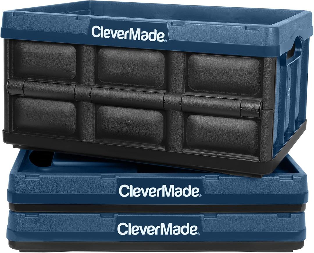 CleverMade Collapsible Storage Bins 32L 3 Pack Heavy Duty Foldable Storage Bins with Built-In Handles for Garage Storage and Home Organization - Ocean