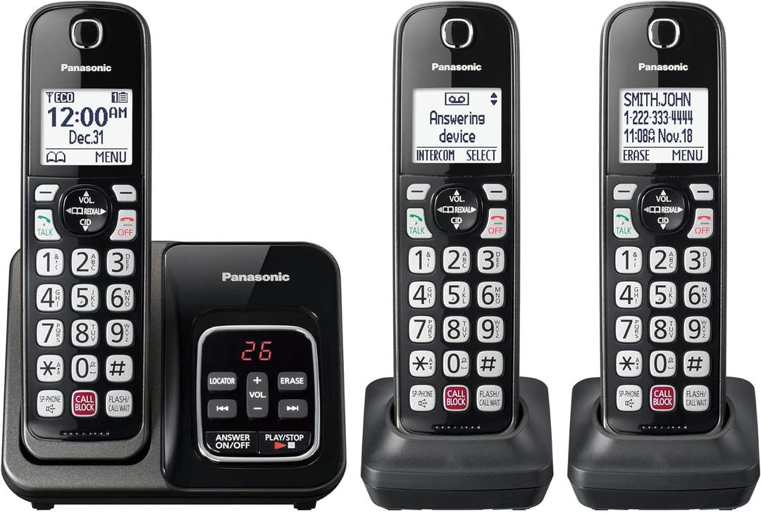 Panasonic Cordless Phone with Answering Machine, Advanced Call Block, Bilingual Caller ID and High-Contrast Display, Expandable System with 3 Handset Cordless Telephones - KX-TGD833M (Metallic Black)