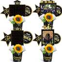 Leinuosen 4 Set Graduation Party Picture Centerpiece Picks Class of 2025 Photo Table Topper Congrats Grad Stick with Metal Bucket Artificial Flowers for High School College Grad Decor(Black and Gold)