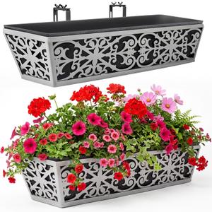 2 Pack 24 Inch Window Boxes Planter for Outdoor Plants Deck Railing Planters Box with Adjustable Brackets for Porch Fence Balcony Hanging Flower Baskets with Non-Woven Fabric Liner for Garden Decor