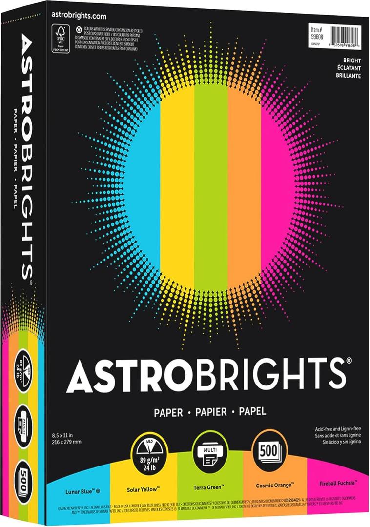 Neenah Astrobrights Bright Color Paper, Letter Size Paper, 24 lb, Assorted Colors, 500 Sheets