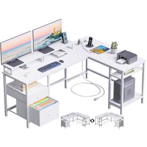 Furologee White 59 L Shaped Desk with Power Outlet, Reversible Computer Desk with File Drawer & 2 Monitor Stands, Corner Home Office Table with Storage Shelves for Gaming Writing