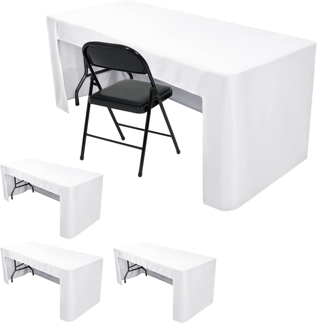 Nasitos 4 Pack White Fitted Table Covers for 8 Foot Tables-Open Back Tablecloth Washable Fabric Table Cloth for Parties, Wedding, Banquet, Jewelry Shows, Craft Fair, Trade Show