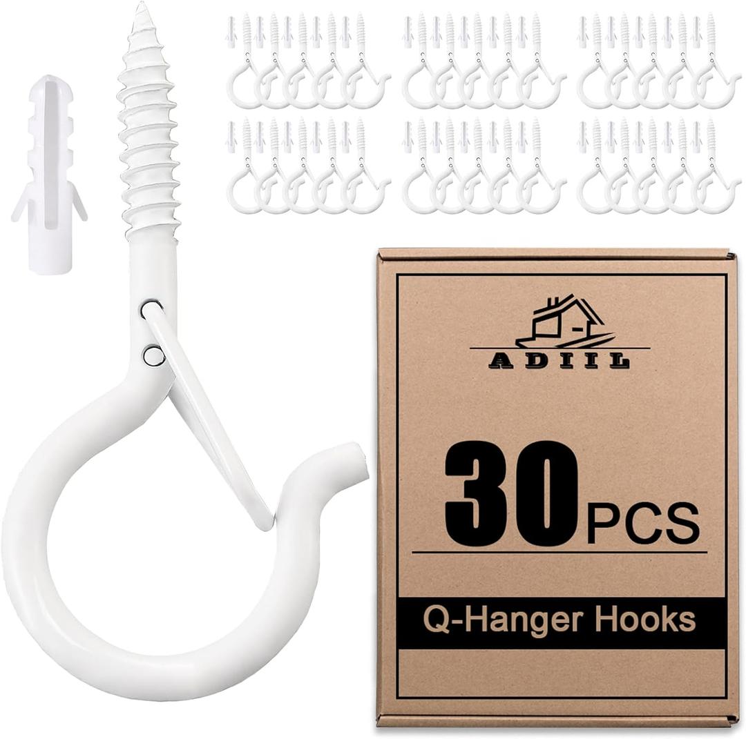 ADIIL 30 PCS Q Hanger Hooks with Safety Buckle, Windproof Screw Hooks for Hanging Outdoor String Lights, Plants, Christmas Patio Lights, 2.2 Inches, White