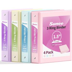 SUNEE 1.5 Inch Binders 3 Ring 4 Pack, Clear View 1 1/2 Inch Binders Three Ring PVC-Free (Fit 8.5x11 Inches) for School or Office Supplies, Assorted Pastel