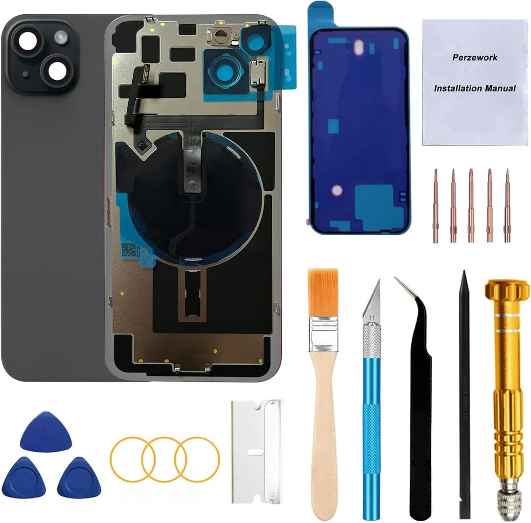 Rear Back Glass Replacement for iPhone 15 Plus 6.7-inches with Reparing Tool Kit and All Necessary Parts (Black)