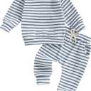 Winter Baby Boy Clothes Toddler Baby Boy Fall Outfit Waffle Knit Long Sleeve Sweatshirt Shirt Pants Clothing Set (Blue)