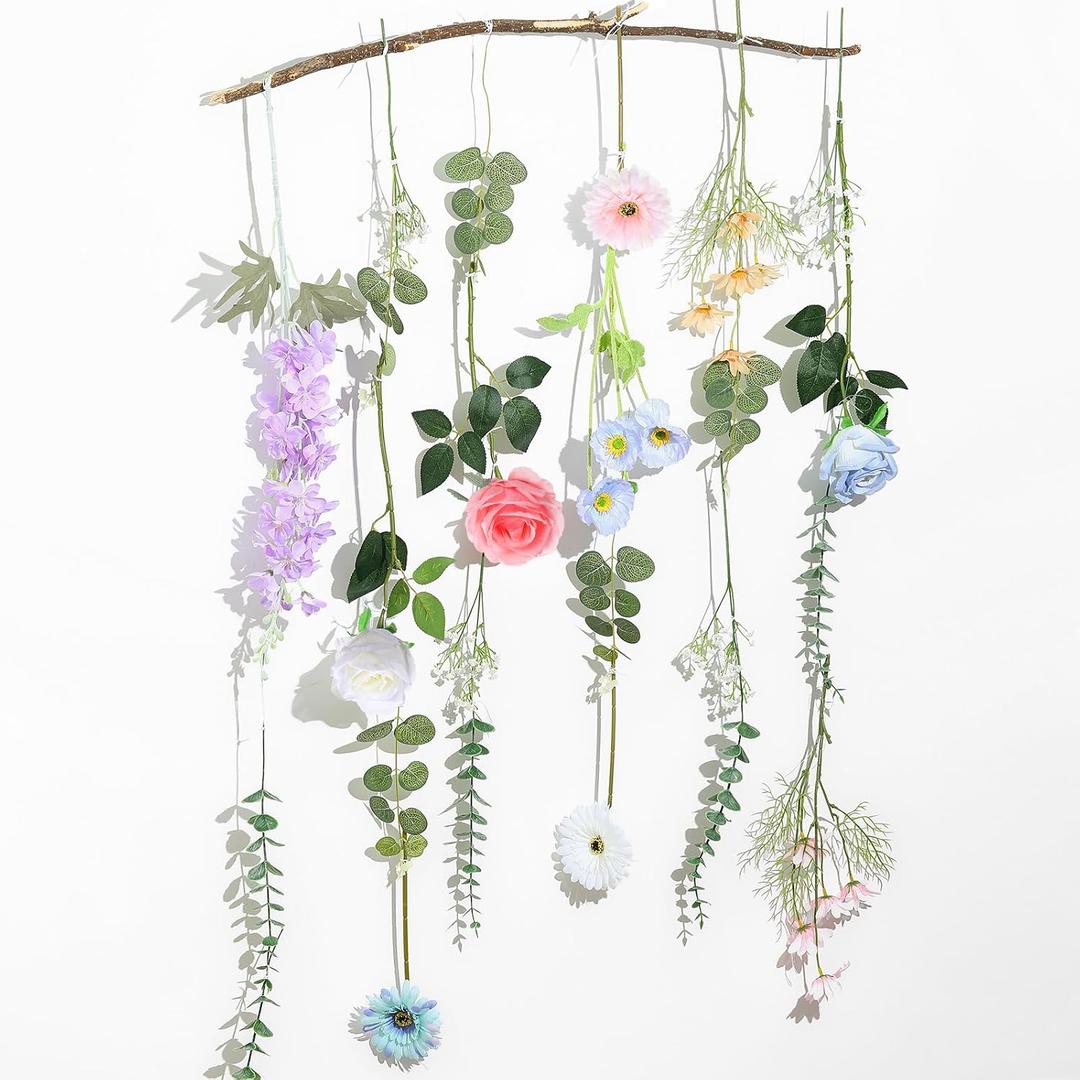 Hoteam 26 Pcs DIY Wildflower Garland Artificial Hanging Flower Backdrop Set Fake Rose Poppy Wild Flower Decor from Ceiling for Wedding Baby Shower Party Birthday Home Garden (White,Blue,Pink)